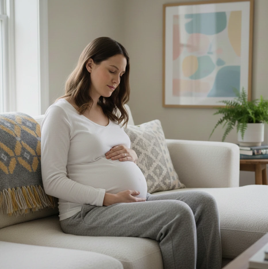 Pregnant woman sitting on couch with hands on her stomach